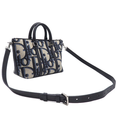 クリスチャン・ディオール Christian Dior ウィークエンダー PM ネイビー キャンバス レザー 2WAYバッグ シルバー金具 紺 ハンドバッグ ショルダーバッグ