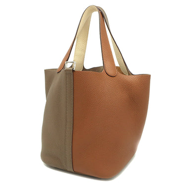 エルメス HERMES ピコタンロックMM カザック ゴールド×エトゥープ×ナタ トリヨンクレマンス ハンドバッグ シルバー金具 茶 グレージュ オフホワイト