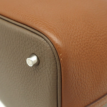 エルメス HERMES ピコタンロックMM カザック ゴールド×エトゥープ×ナタ トリヨンクレマンス ハンドバッグ シルバー金具 茶 グレージュ オフホワイト