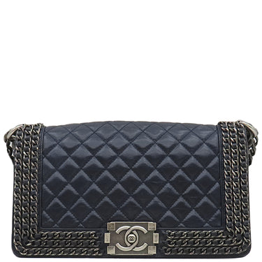 シャネル CHANEL ボーイシャネル ネイビー レザー ショルダーバッグ ガンメタル金具 紺 チェーン