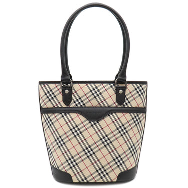 バーバリー BURBERRY ノバチェック ロゴ ベージュ×ブラック キャンバス レザー トートバッグ シルバー金具 ハンドバッグ 肩掛け