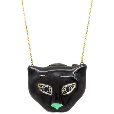 グッチ GUCCI ル マルシェ デ メルヴェイユ ブラックXシルバーXイエローゴールド K18YG シルバー925 エナメル ネックレス ロングネックレス ネコ 750AU AG925