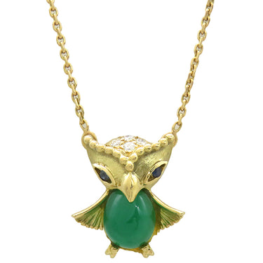 ジャンピエールベラン JEAN PIERRE BELLIN フクロウモチーフ グリーンXイエローゴールド K18YG ダイヤモンド グリーンカルセドニー ブルーサファイア ネックレス 緑 18金 750YG