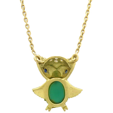 ジャンピエールベラン JEAN PIERRE BELLIN フクロウモチーフ グリーンXイエローゴールド K18YG ダイヤモンド グリーンカルセドニー ブルーサファイア ネックレス 緑 18金 750YG