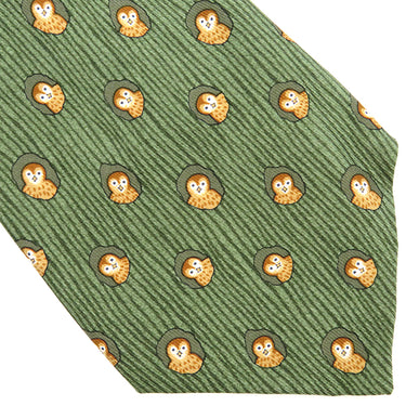 エルメス HERMES フクロウ 9cm グリーン×ブラウン シルク ネクタイ 緑 アニマル柄 ふくろう