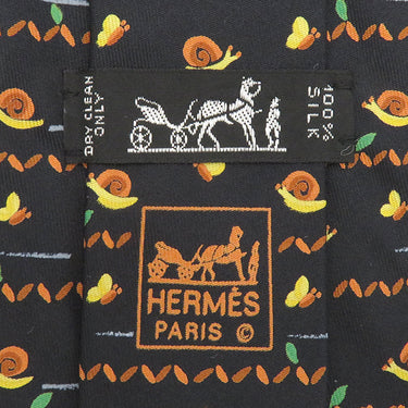 エルメス HERMES カタツムリ×チョウ 9cm ブラック×マルチカラー シルク ネクタイ 黒 蝶