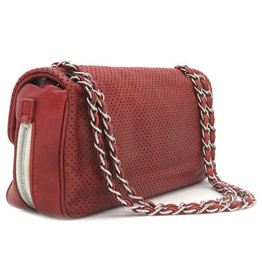 シャネル CHANEL パンチング チェーンショルダー レッド レザー ショルダーバッグ シルバー金具 赤