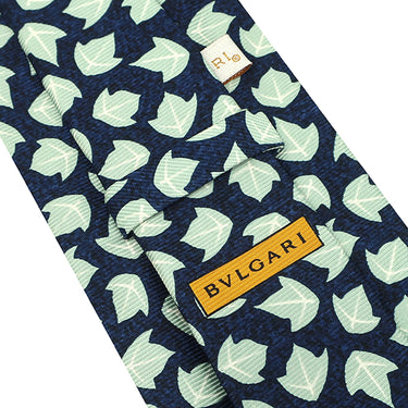 ブルガリ BVLGARI リーフ柄 10cm ネイビー×グリーン シルク ネクタイ 紺 緑 葉っぱ 植物柄