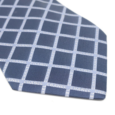 シャネル CHANEL CHANELロゴ 9.5cm ブルー シルク ネクタイ 青 格子柄