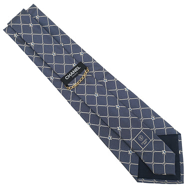 シャネル CHANEL ココマーク 5スター 9.5cm ネイビー×シルバー シルク ネクタイ 紺 星