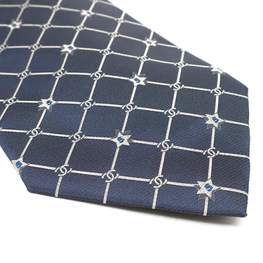 シャネル CHANEL ココマーク 5スター 9.5cm ネイビー×シルバー シルク ネクタイ 紺 星