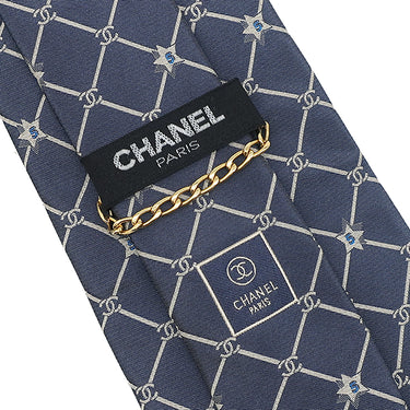 シャネル CHANEL ココマーク 5スター 9.5cm ネイビー×シルバー シルク ネクタイ 紺 星