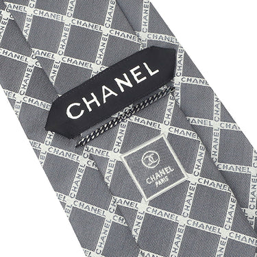 シャネル CHANEL CHANELロゴ 9.5cm グレー×シルバー シルク ネクタイ 格子柄