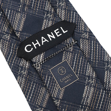 シャネル CHANEL 斜め格子 9.5cm ブラック×マルチカラー シルク ネクタイ 黒