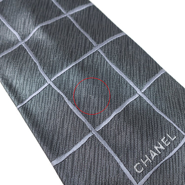 シャネル CHANEL 格子柄 9cm グレー シルク ネクタイ シルバー
