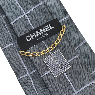 シャネル CHANEL 格子柄 9cm グレー シルク ネクタイ シルバー