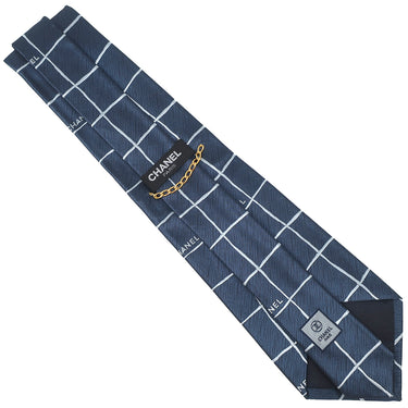 シャネル CHANEL 格子柄 9.5cm ネイビー シルク ネクタイ 紺