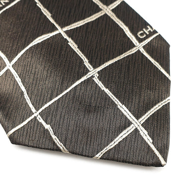 シャネル CHANEL 格子柄 9.5cm ブラウン シルク ネクタイ 茶