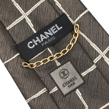 シャネル CHANEL 格子柄 9.5cm ブラウン シルク ネクタイ 茶
