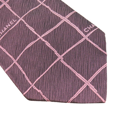 シャネル CHANEL 格子柄 9cm ボルドー シルク ネクタイ CHANEL ロゴ