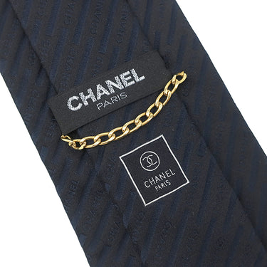 シャネル CHANEL CHANELロゴ 9.5cm ネイビー シルク ネクタイ 紺 斜線柄