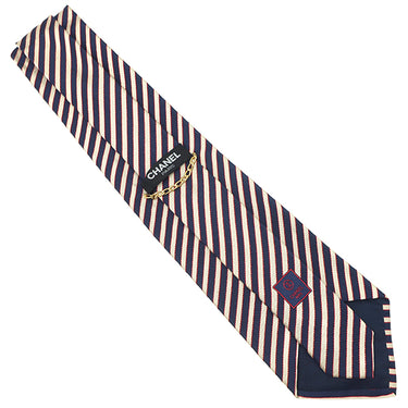 シャネル CHANEL ストライプ柄 9.5cm ネイビー×アイボリー×レッド シルク ネクタイ ココマーク