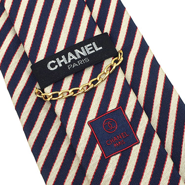 シャネル CHANEL ストライプ柄 9.5cm ネイビー×アイボリー×レッド シルク ネクタイ ココマーク