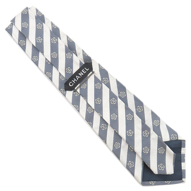 シャネル CHANEL CHANELココマーク 10cm グレー×ホワイト シルク ネクタイ 斜めストライプ 花柄