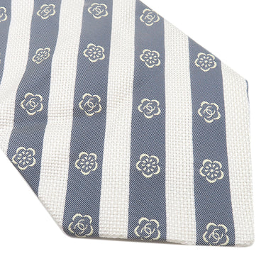 シャネル CHANEL CHANELココマーク 10cm グレー×ホワイト シルク ネクタイ 斜めストライプ 花柄