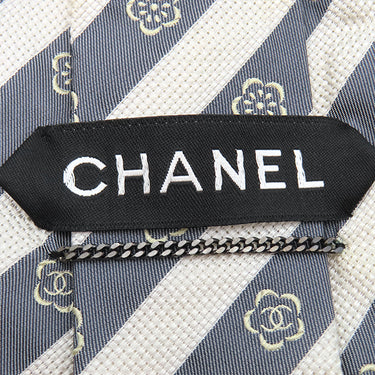 シャネル CHANEL CHANELココマーク 10cm グレー×ホワイト シルク ネクタイ 斜めストライプ 花柄