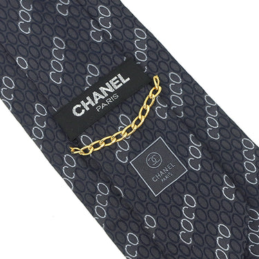 シャネル CHANEL COCO柄 9cm ネイビー シルク ネクタイ 紺 アルファベット