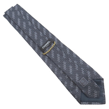 シャネル CHANEL COCO柄 9.5cm グレー×ネイビー シルク ネクタイ 総柄