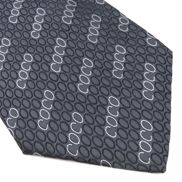 シャネル CHANEL COCO柄 9.5cm グレー×ネイビー シルク ネクタイ 総柄