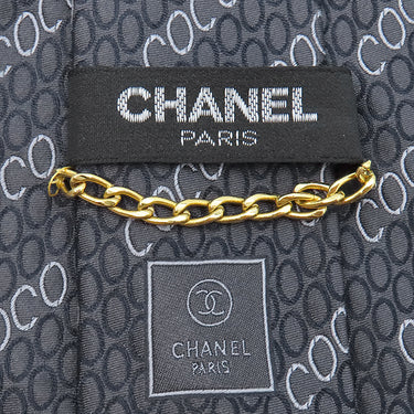 シャネル CHANEL COCO柄 9.5cm グレー×ネイビー シルク ネクタイ 総柄