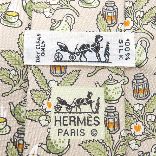 エルメス HERMES 総柄 9cm ベージュ シルク ネクタイ ティーカップ