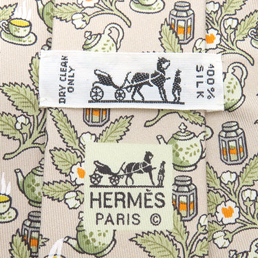 エルメス HERMES 総柄 9cm ベージュ シルク ネクタイ ティーカップ お茶会 花柄