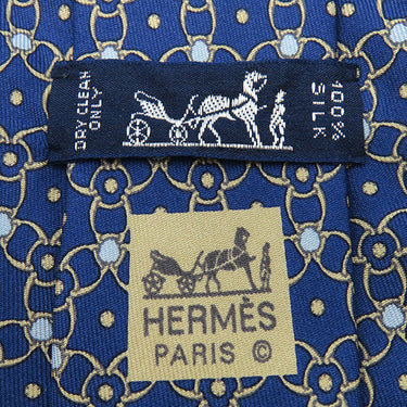 エルメス HERMES 総柄 9cm ネイビー シルク ネクタイ 鎖 金具模様