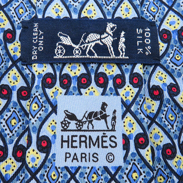 エルメス HERMES クラバット 9cm ブルー×マルチカラー シルク ネクタイ 青 赤 黄色 総柄 幾何学柄