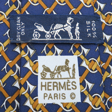 エルメス HERMES 総柄 9cm ネイビー×ブラウン シルク ネクタイ トランペット 楽器柄