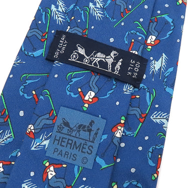 エルメス HERMES 9cm ブルー シルク ネクタイ スキー 総柄 雪