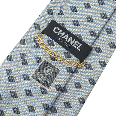 シャネル CHANEL ダイヤ柄 9cm シルバー×ブルー シルク ネクタイ メタリック ココマーク