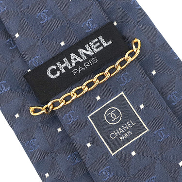 シャネル CHANEL ココマーク 格子柄 9cm ネイビー シルク ネクタイ 紺
