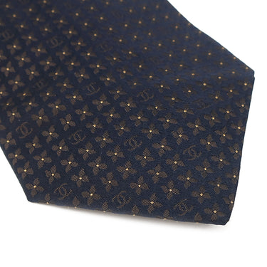 シャネル CHANEL ココマーク 花柄 9.5cm ネイビー×ブラウン シルク ネクタイ 紺