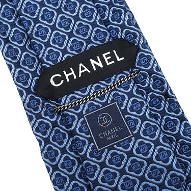 シャネル CHANEL ココマーク 花 ダイヤ柄 9.5cm ブルー×ネイビー シルク ネクタイ 青 紺