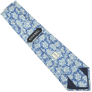 シャネル CHANEL ココマーク カメリア 9.5cm ブルー×ベージュ シルク ネクタイ 青 花柄