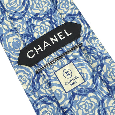 シャネル CHANEL ココマーク カメリア 9.5cm ブルー×ベージュ シルク ネクタイ 青 花柄
