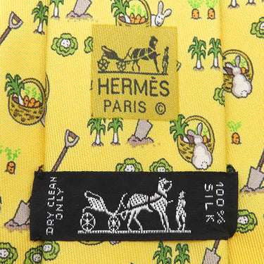 エルメス HERMES 総柄 9.5cm オレンジ シルク ネクタイ うさぎ 人参 畑 スコップ