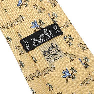 エルメス HERMES アニマル柄 9.5cm イエロー×マルチカラー シルク ネクタイ 黄色 青 緑 キツネ 鳥