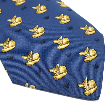 エルメス HERMES アニマル柄 9cm ブルー×イエロー シルク ネクタイ 青 黄色 キツネ