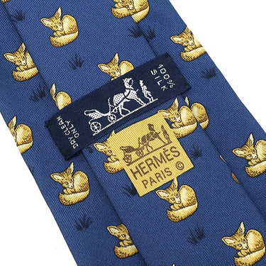 エルメス HERMES アニマル柄 9cm ブルー×イエロー シルク ネクタイ 青 黄色 キツネ